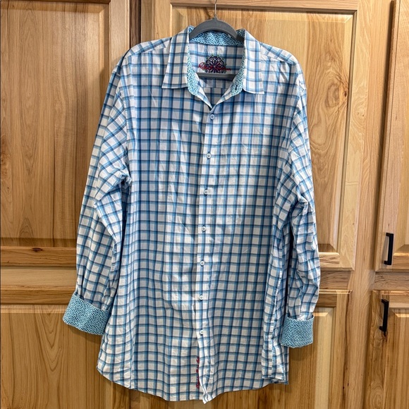 Robert Graham Blue and White Plaid Button Down Cuff and Neck Accents Shirt 2XLT - Picture 1 of 11